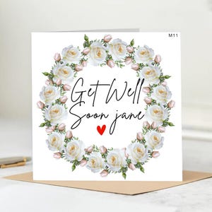Tarjeta de pronta recuperación personalizada - Tarjeta con corona floral y nombre personalizado - Tarjeta de recuperación con rosas - Saludo de pronta recuperación para un amigo o ser querido