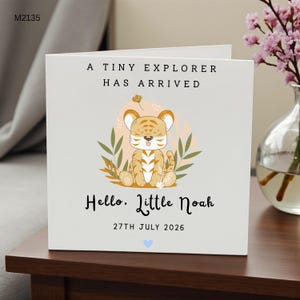 Personalized New Baby Boy Card, A Tiny Explorer Has Arrived Card, Custom Baby Name Tiger Cub Greeting Card, Welcome to the World Keepsake