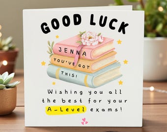 Tarjeta de buena suerte personalizada para el nivel A, tarjeta de examen con diseño estético de pila de libros, mensaje de ánimo personalizado para estudiantes, mucha suerte con los exámenes, GCSE