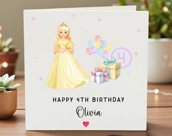 Personalized 4th Birthday Card for Daughter Granddaughter Niece, Custom Princess Birthday Card for Girl, 4 Year Old Birthday Gift