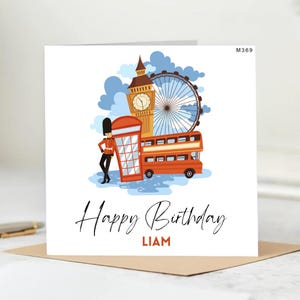 London Birthday Card for Liam-Personalized UK Landmark Card with Double Decker Bus & Guard–British Humor Greeting Card-Elegant Birthday Card