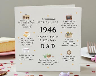 Tarjeta de cumpleaños número 80 personalizada para papá, tarjeta de cumpleaños nacida en 1946, tarjeta divertida para celebrar un hito importante, tarjeta de cumpleaños número 80 para papá con iconos retro.