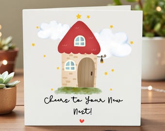 New Home Card, Cheers to Your New Nest, Cute Illustrated House Design, Moving House Keepsake, Handmade Greeting, Housewarming