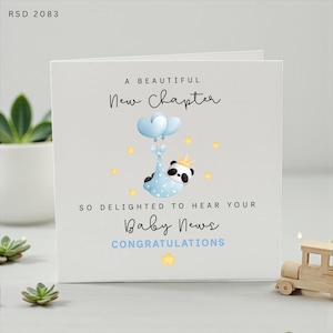 Gefeliciteerdkaart met de geboorte van een baby, een prachtig nieuw hoofdstuk, babynieuws voor aanstaande ouders, schattige panda-wenskaart voor de geboorte.