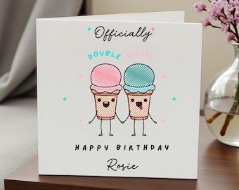 Personalised 10th Birthday Card for Girl, Double Digits Birthday Card, Custom Name Age 10 Card, Cute Ice Cream Birthday Card for Daughter