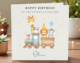 Personalised 1st Birthday Card for Boy, Cute Safari Jeep First Birthday Card with Name, One Birthday Card for Baby Boy,6x6