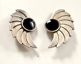 1930s Adam and Rita Teller Navajo Vintage Silver and Onyx Angel Wing Clip Earrings