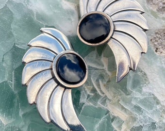 SALE Vintage Angel Wing Silver & Onyx Southwestern Clip Earrings Signed