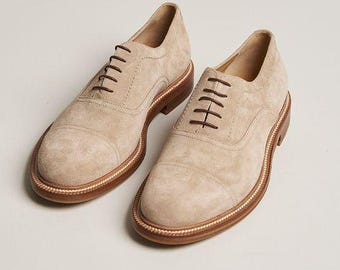 Zapatos Oxford de ante beige hechos a mano / Zapatos de vestir de cuero para hombre / Derby con puntera
