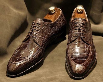Handmade Crocodile-Embossed Leather Oxford Shoes | Brown Formal Dress Shoes