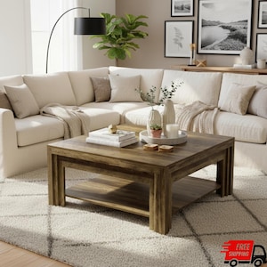 May include: A square, dark wood coffee table with a lower shelf sits on a patterned rug in front of a cream-colored sectional sofa. Decorative items, including vases and books, are arranged on the table. A black lamp and framed artwork complete the living room setting.
