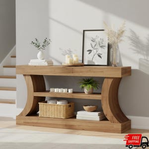 May include: A light brown wooden console table with two shelves and curved side supports. The top shelf displays a framed botanical print, candles, and a vase with dried flowers. The lower shelves hold a woven basket, books, and a small potted plant.