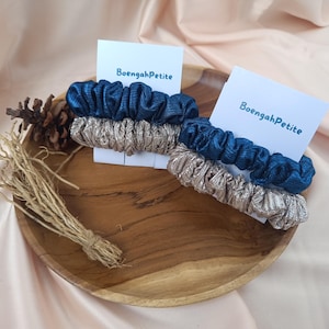 Shiny Satin Metallic Scrunchie Set – Navy Blue & Silver Hair Ties | Elegant Glossy Hair Accessories for Women