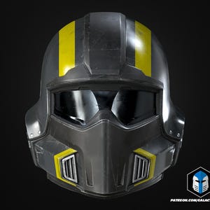 May include: A black futuristic helmet with yellow stripes and accents. The helmet has a visor and ventilation grilles. The design suggests a sci-fi or cosplay theme. The helmet is likely made of durable materials.