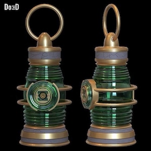 May include: Two views of a green glass lantern with gold-toned metal accents and a circular top ring. The lantern features a ribbed glass body, a side circular lens, and bands with a cracked stone texture. The text Do=D is visible in the top left.