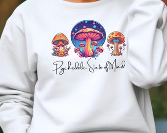 Psychedelic State of Mind Shirt Trippy Pilz Grafik T-Shirt Festival Rave Boho Hippie Top Retro Psychedelic Shirt Schwarz Schriftzug Geschenk
