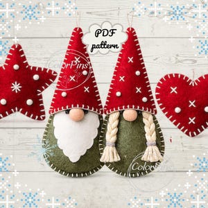 May include: Two felt gnomes, a star, and a heart ornament. The gnomes have red pointed hats with white stitching and dots, one with a white beard and one with blonde braided hair. The star and heart are red with white stitching and dots. Text reads PDF pattern.