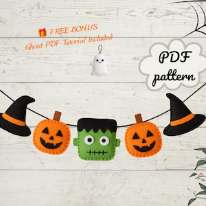 Może przedstawiać: Filcowa girlanda na Halloween z dwoma czarnymi kapeluszami czarownic z pomarańczowymi paskami, dwiema pomarańczowymi dyniami i zieloną głową potwora Frankensteina. Tekst głosi FREE BONUS Ghost PDF Tutorial Included oraz PDF pattern.