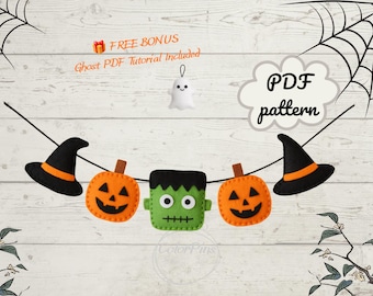 May include: A Halloween-themed felt garland featuring two black witch hats with orange bands, two orange jack-o'-lanterns, and a green Frankenstein monster head. The text reads FREE BONUS Ghost PDF Tutorial Included and PDF pattern.