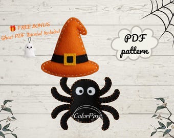 May include: A felt craft PDF pattern featuring an orange witch hat with a black band and yellow buckle, and a black spider with white eyes. The text reads FREE BONUS Ghost PDF Tutorial Included and PDF pattern. The design includes orange stitching.