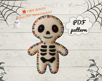 May include: A cream-colored felt skeleton doll featuring black felt rib cage and pelvic bone details, black stitched eyes, and a stitched mouth. The perimeter is decorated with colorful beads. Text reads: FREE BONUS Ghost PDF Tutorial Included, PDF pattern.