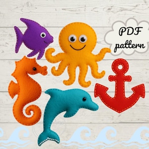 PDF Felt Pattern Sea Animals – Octopus, Dolphin, Seahorse, Fish, Anchor – DIY Sewing Template, Baby Mobile Nursery Decor. Easy sewing gifts