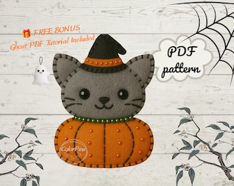 May include: A felt craft pattern featuring a gray cat head wearing a black witch hat with orange beads, sitting atop an orange pumpkin body with black stitching and orange bead accents. Text includes PDF pattern and Ghost PDF Tutorial Included.