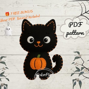 Halloween Cat PDF pattern easy felt sewing tutorial beginner craft hand stitched plush DIY handmade holiday home decoration