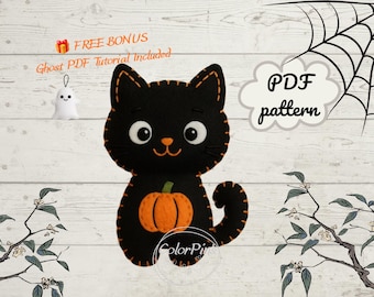 May include: A black felt cat plush with large white eyes, a small orange nose, and an orange pumpkin on its belly. The cat features orange blanket stitching along its edges and a curled tail. Text includes "FREE BONUS Ghost PDF Tutorial Included" and "PDF pattern".