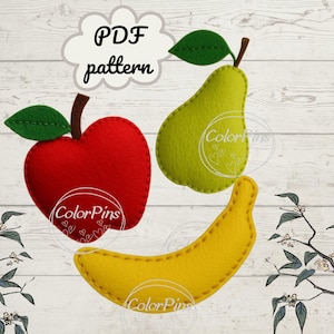 Felt Fruit Sewing Pattern PDF – Apple, Pear, Banana –Easy DIY Felt Food Toy Templates for Beginners, Hand Sewing Tutorial. Easy sewing gifts