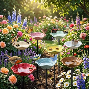 Estaca de jardín con forma de bebedero para abejas y comedero para colibríes - Charca de cerámica para mariposas - Estación de agua para polinizadores - Decoración para la vida silvestre en el jardín