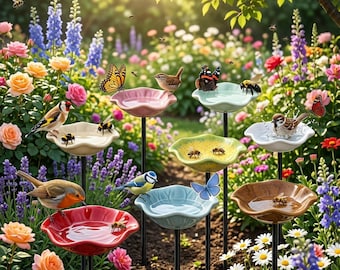 Flower Bee Bath & Hummingbird Feeder Garden Stake - Ceramic Butterfly Puddler - Pollinator Water Station - Backyard Wildlife Decor