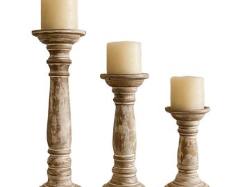 Handcrafted Wooden Candle Holder Set of 3, Rustic White Distressed Pillar Stands