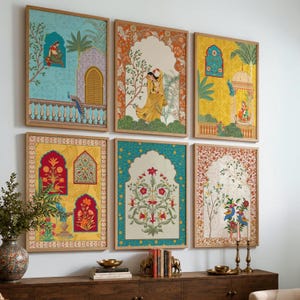 Juego de 6 láminas decorativas Madhubani para pared, arte folclórico tradicional indio laminado con marco de madera.