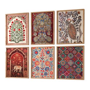 May include: A set of six rectangular wall art prints in light wood frames. The prints feature intricate patterns including a floral arch, a tree with two peacocks, a single peacock, an elephant in an archway, a floral motif, and a geometric tile design.
