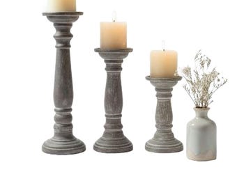 Handcrafted Wooden Candle Holder Set of 3, Rustic Grey Distressed Pillar Stands