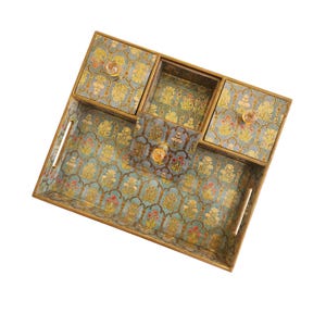 Gold Royal Bouquet Serving Tray, Decorative Vanity Organizer, Crystal Knobs, Home Decor