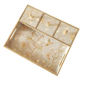 Gold Hummingbird Serving Tray, Decorative Vanity Organizer, Crystal Knobs, Home Decor