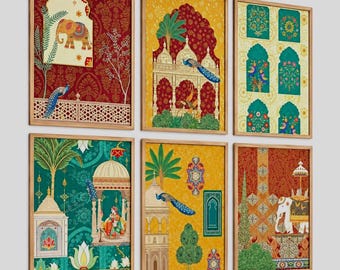May include: A set of six rectangular wall art prints in light wood frames, featuring intricate illustrations of elephants, peacocks, architectural arches, and floral patterns in vibrant shades of red, yellow, green, and teal on a plain background.