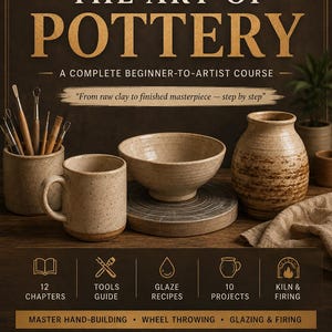 May include: A digital course cover titled THE ART OF POTTERY A COMPLETE BEGINNER-TO-ARTIST COURSE. It features a speckled ceramic mug, bowl, and vase, a container with pottery tools, and icons for 12 chapters, tools, glaze, projects, and kiln firing.