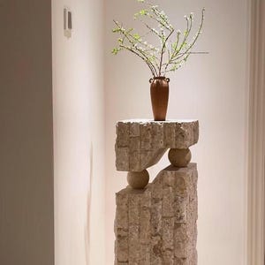 Handmade Luxury Natural Travertine Plinth table: Modern Wabi Sabi Home Table for Living Room,
