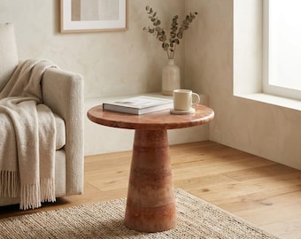Tavolino rotondo in travertino rosso fatto a mano, stile vintage, centrotavola contemporaneo di lusso in pietra