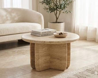 Tavolino rotondo in travertino, stile Wabi Sabi, tavolino da divano in stile minimalismo organico.