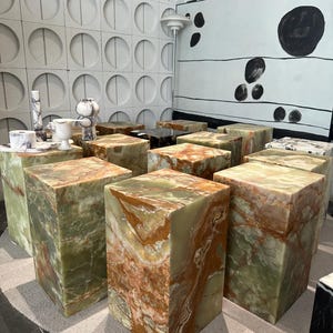 Custom Handmade Green Onyx Marble Side Table: Minimalism Natural Stone, Nightstand, plinth table