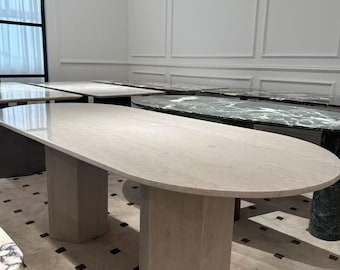 Handmade Polished Natural Travertine Oval Dining Table: Modern Vintage Stone Furniture