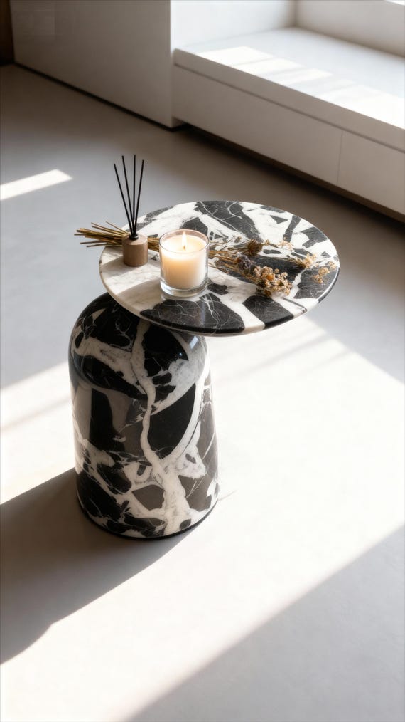 Handmade round Black and White Marble Side Table, luxury solid stone, Italian minimalism
