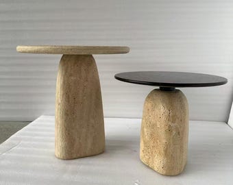 Hand-Carved Travertine  Nesting Tables – Organic Modern Wabi-Sabi Style, Outdoor Coffee table, Garden Corner