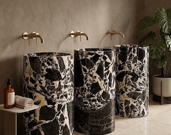 Lavabo a colonna di lusso in marmo, realizzato a mano, con texture naturale unica, lavabo moderno per il bagno.
