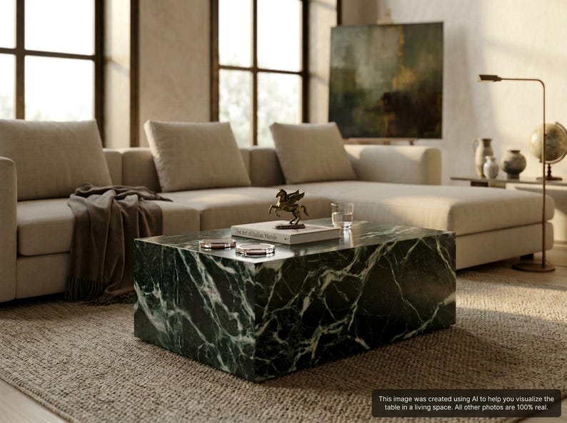 Mesa de centro minimalista de mármol verde / Centro de mesa de lujo para sala de estar, elegancia atemporal / Clásico Verde alpi imagen 2