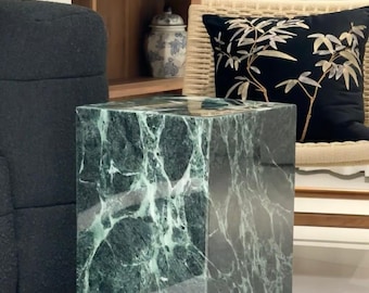 Custom Natural Verde Alpi Green Marble Side Table: Minimalist End Table, Accent Chair companion